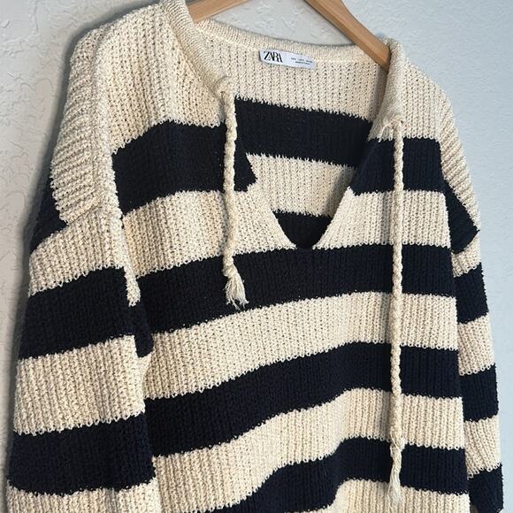 Zara Chunky Knit Sweater Drawstring Rope Stripe Beachy Coastal Nautical - Picture 6 of 8